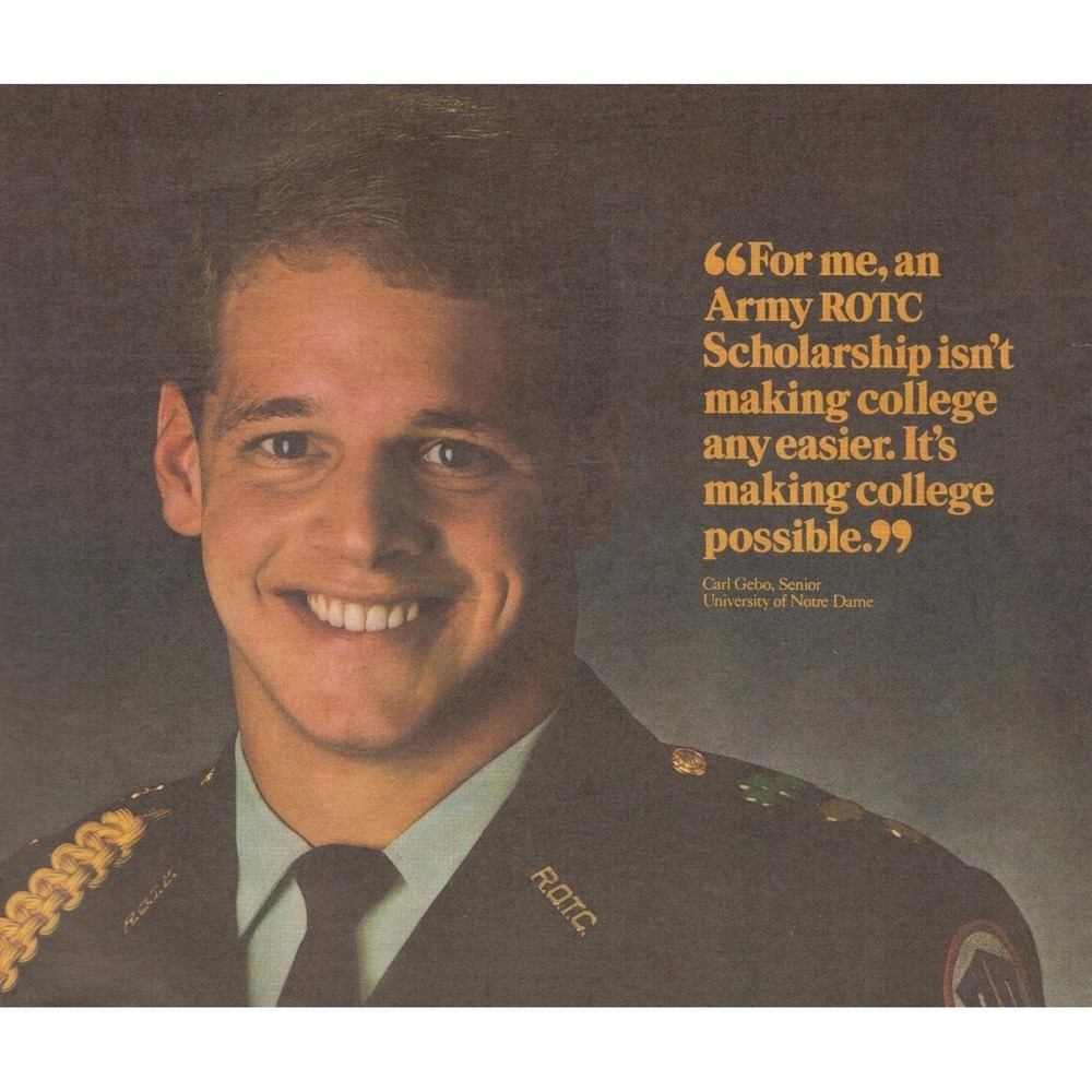 Vintage 1986 Army ROTC Scholarship Print Ad University of Notre Dame Carl Gebo